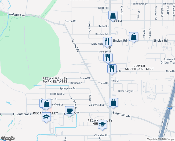 map of restaurants, bars, coffee shops, grocery stores, and more near 4322 Roland Road in San Antonio