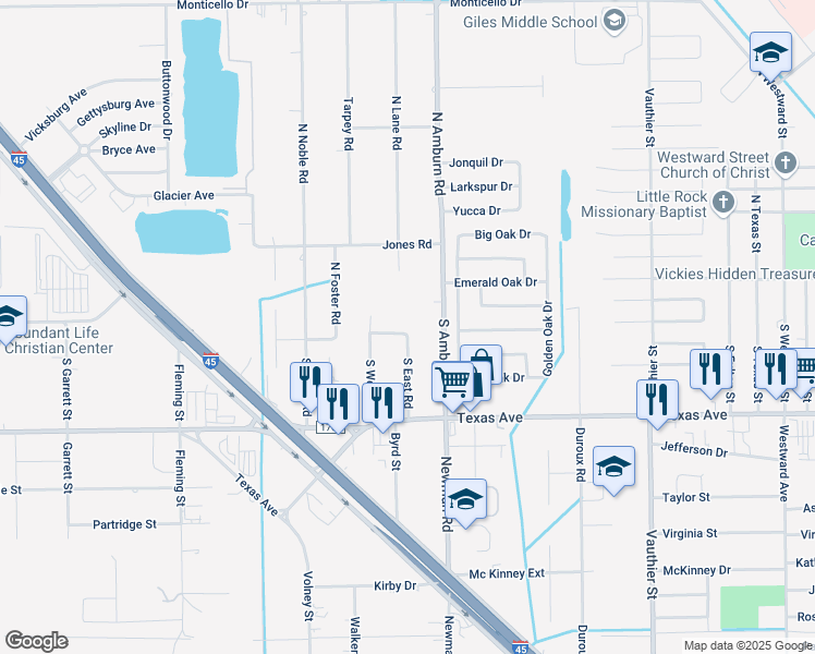 map of restaurants, bars, coffee shops, grocery stores, and more near 8130 Downey Cove in Texas City