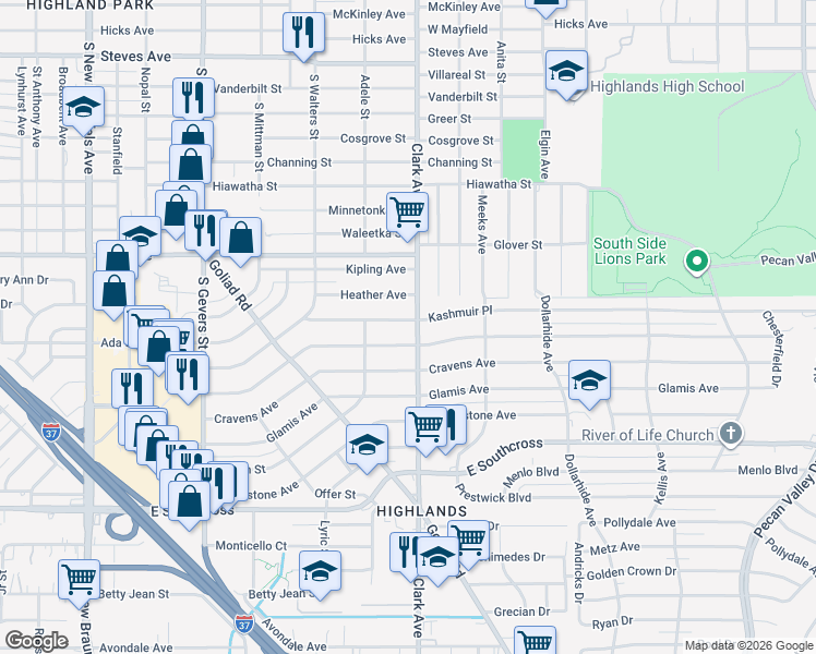 map of restaurants, bars, coffee shops, grocery stores, and more near 303 Kashmuir Place in San Antonio