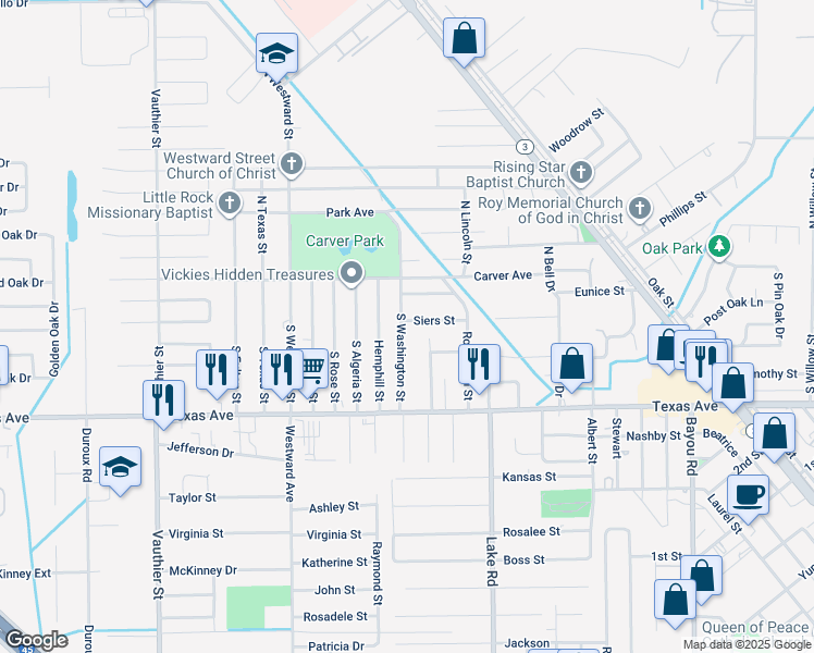 map of restaurants, bars, coffee shops, grocery stores, and more near 114 South Washington Street in Texas City