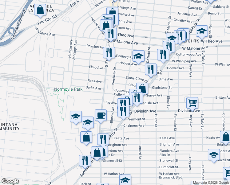 map of restaurants, bars, coffee shops, grocery stores, and more near 227 Southway Drive in San Antonio