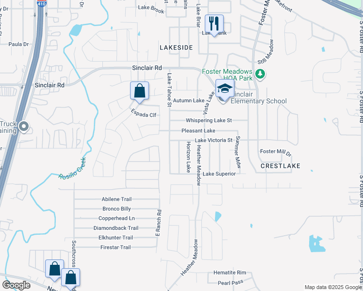 map of restaurants, bars, coffee shops, grocery stores, and more near 3502 Lake Tahoe Street in San Antonio