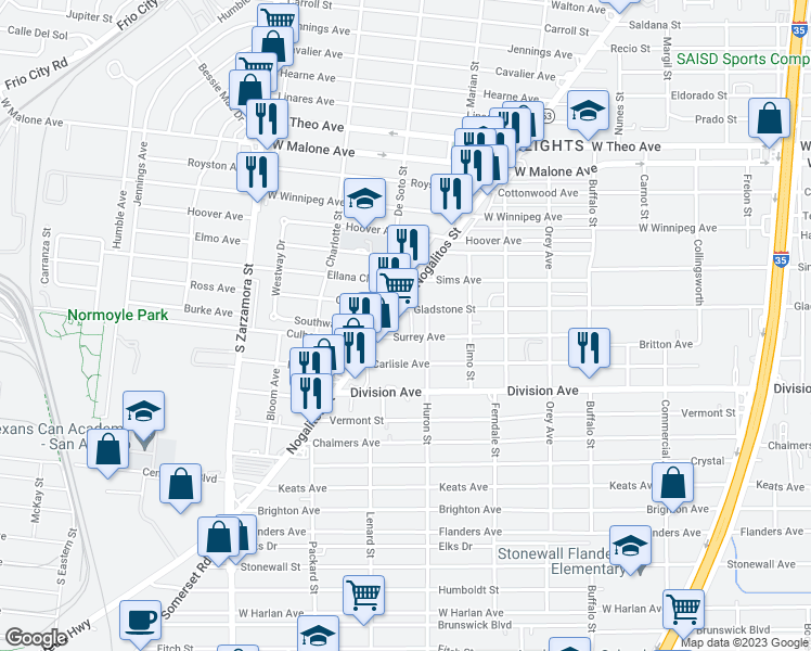 map of restaurants, bars, coffee shops, grocery stores, and more near 3414 Nogalitos Street in San Antonio