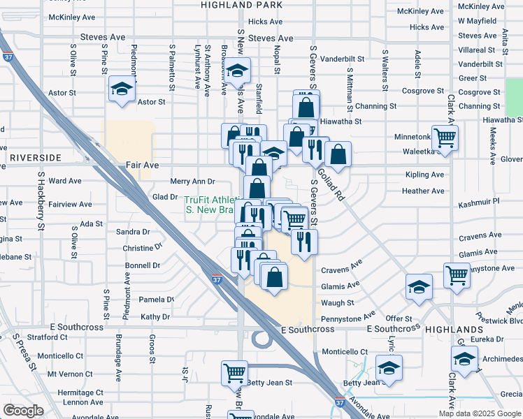 map of restaurants, bars, coffee shops, grocery stores, and more near 2618 South New Braunfels Avenue in San Antonio