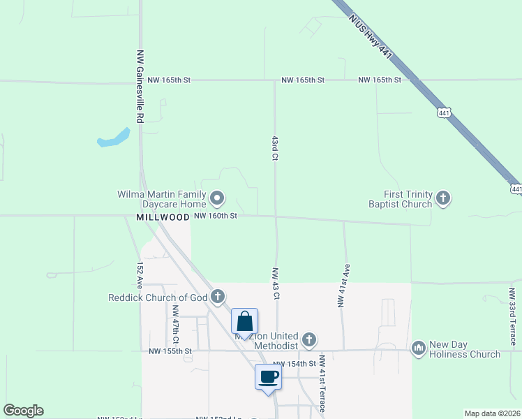 map of restaurants, bars, coffee shops, grocery stores, and more near 16053 Northwest 44th Court in Reddick