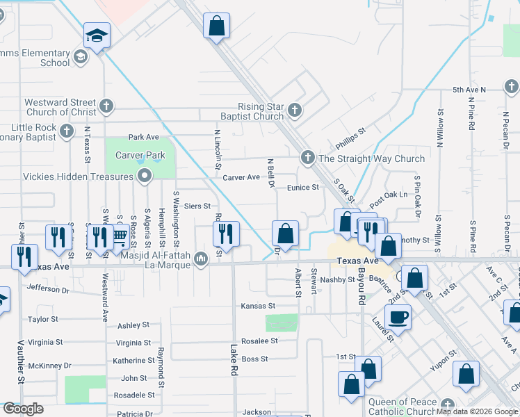 map of restaurants, bars, coffee shops, grocery stores, and more near 6005 Jackson Lane in Texas City