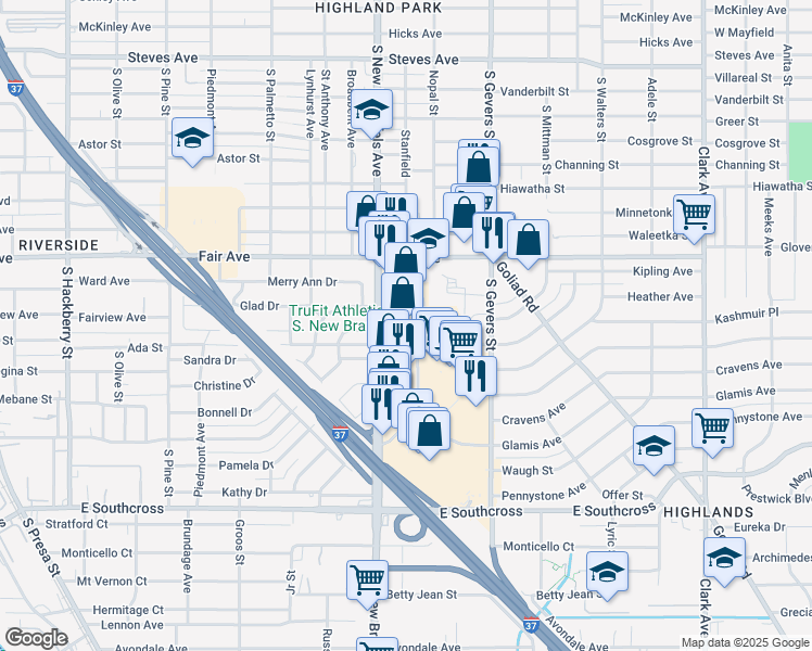 map of restaurants, bars, coffee shops, grocery stores, and more near 2618 South New Braunfels Avenue in San Antonio