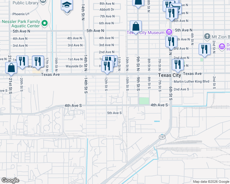 map of restaurants, bars, coffee shops, grocery stores, and more near 1129 2nd Avenue South in Texas City