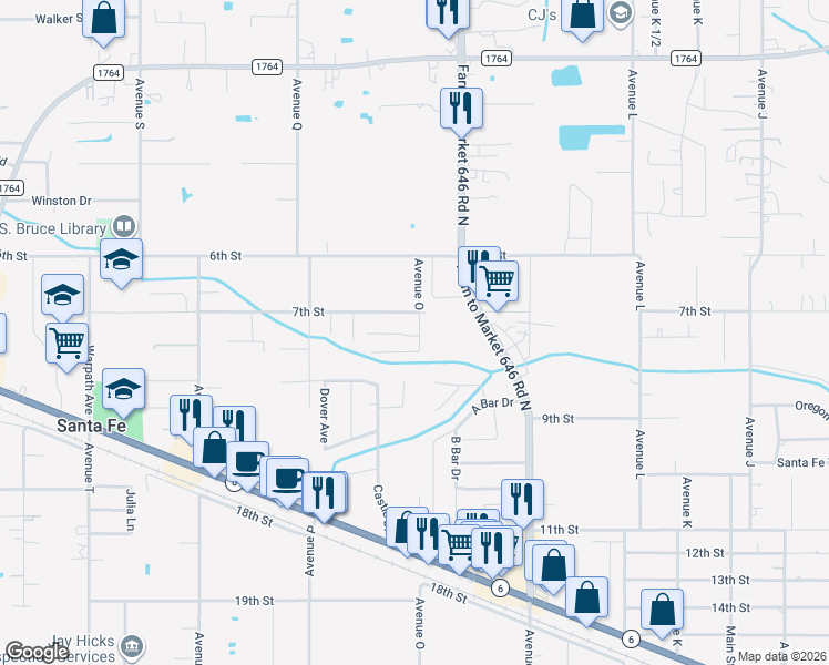 map of restaurants, bars, coffee shops, grocery stores, and more near 4106 Avenue O in Santa Fe