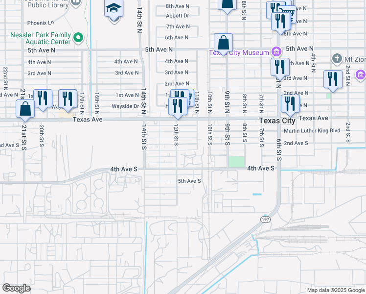 map of restaurants, bars, coffee shops, grocery stores, and more near 1129 2nd Avenue South in Texas City