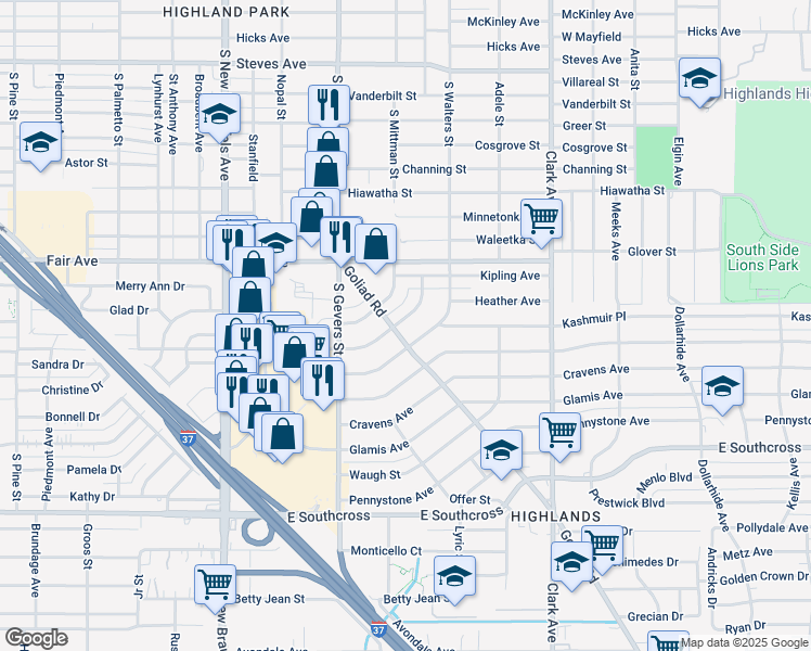 map of restaurants, bars, coffee shops, grocery stores, and more near 1210 Ada Street in San Antonio