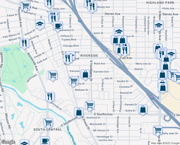 map of restaurants, bars, coffee shops, grocery stores, and more near 244 Fairview Avenue in San Antonio