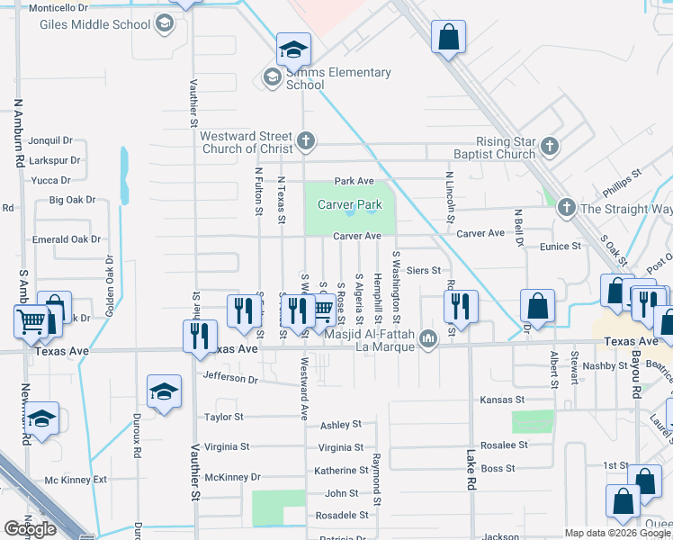map of restaurants, bars, coffee shops, grocery stores, and more near 121 South Rose Street in Texas City