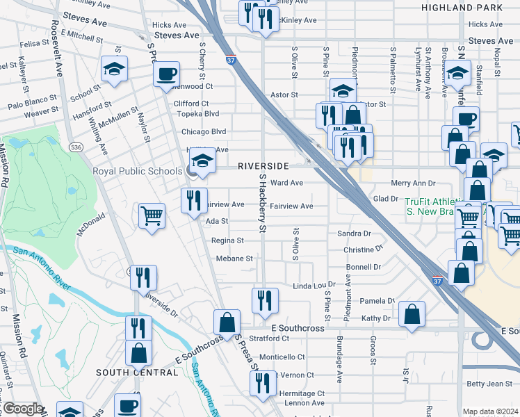 map of restaurants, bars, coffee shops, grocery stores, and more near 244 Fairview Avenue in San Antonio