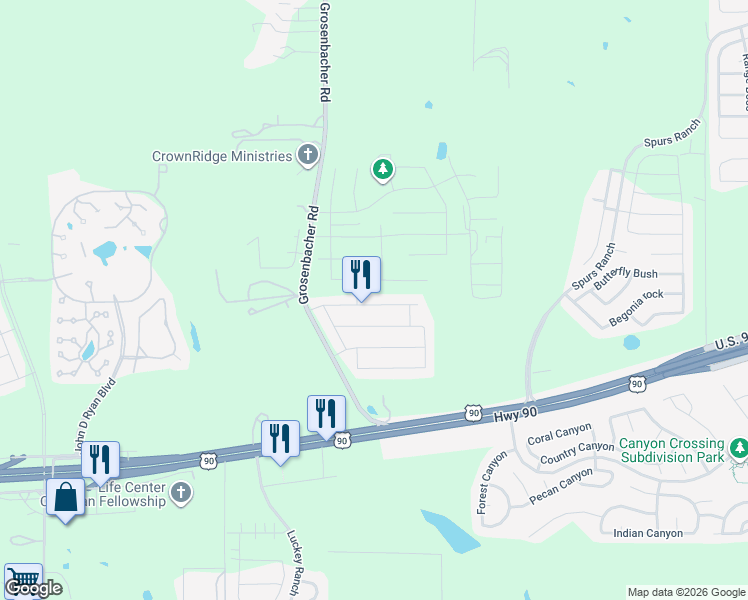 map of restaurants, bars, coffee shops, grocery stores, and more near 11631 Troubadour Trail in San Antonio