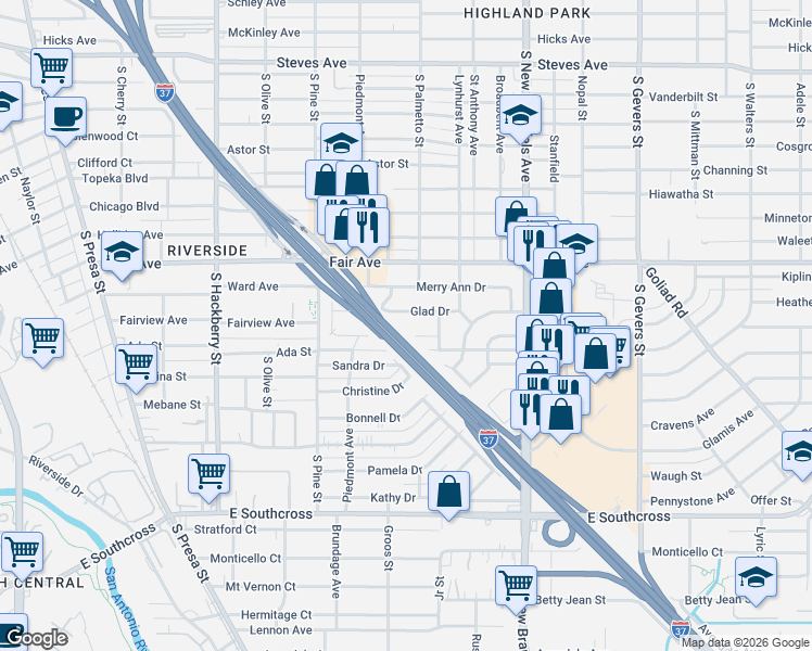 map of restaurants, bars, coffee shops, grocery stores, and more near 235 Lilla Jean Drive in San Antonio