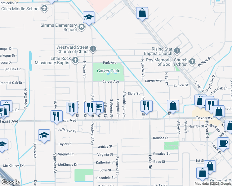 map of restaurants, bars, coffee shops, grocery stores, and more near 201 Hemphill Street in Texas City