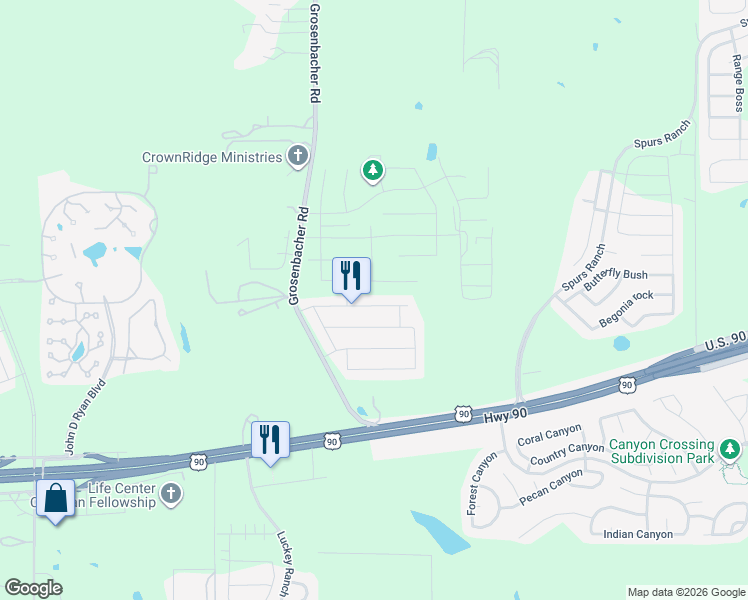 map of restaurants, bars, coffee shops, grocery stores, and more near 11631 Troubadour Trail in San Antonio