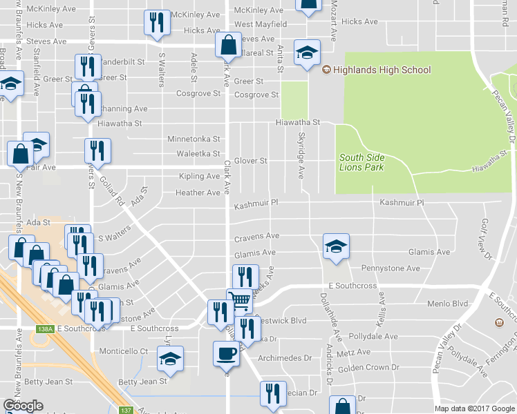 map of restaurants, bars, coffee shops, grocery stores, and more near 338 Kashmuir Place in San Antonio