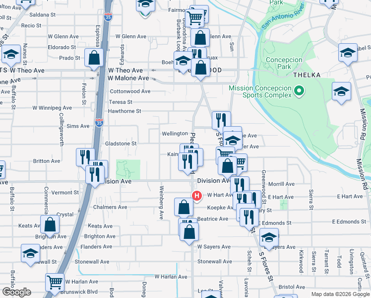 map of restaurants, bars, coffee shops, grocery stores, and more near 107 Kaine Street in San Antonio