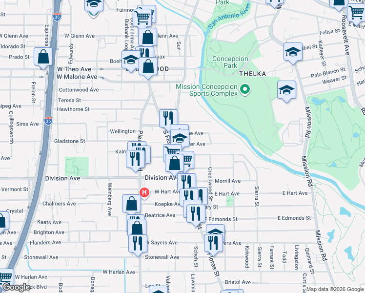 map of restaurants, bars, coffee shops, grocery stores, and more near 124 East Hafer Avenue in San Antonio