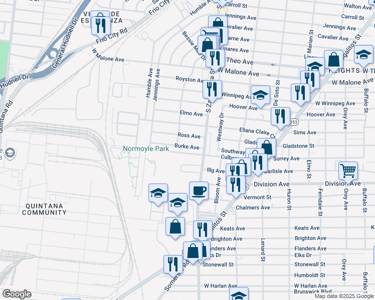 map of restaurants, bars, coffee shops, grocery stores, and more near 130 Burke Avenue in San Antonio