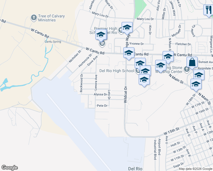 map of restaurants, bars, coffee shops, grocery stores, and more near 202 Don Martin in Del Rio