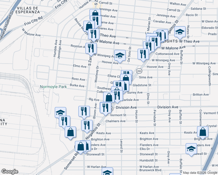 map of restaurants, bars, coffee shops, grocery stores, and more near 141 Southway Drive in San Antonio