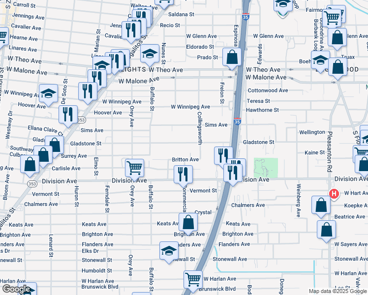 map of restaurants, bars, coffee shops, grocery stores, and more near 634 Gladstone Avenue in San Antonio