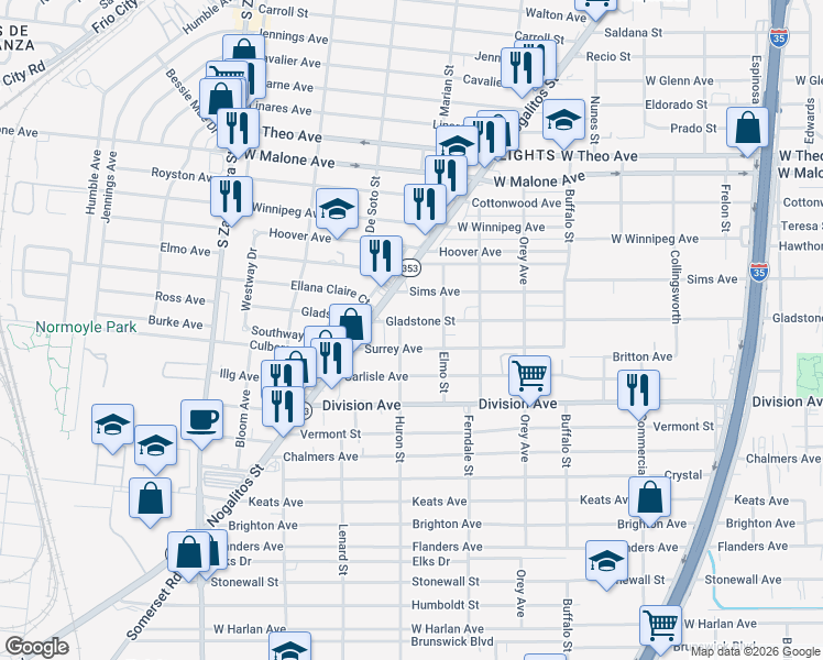map of restaurants, bars, coffee shops, grocery stores, and more near 1134 Gladstone Avenue in San Antonio