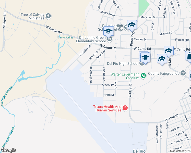 map of restaurants, bars, coffee shops, grocery stores, and more near 312 Don Martin Drive in Del Rio