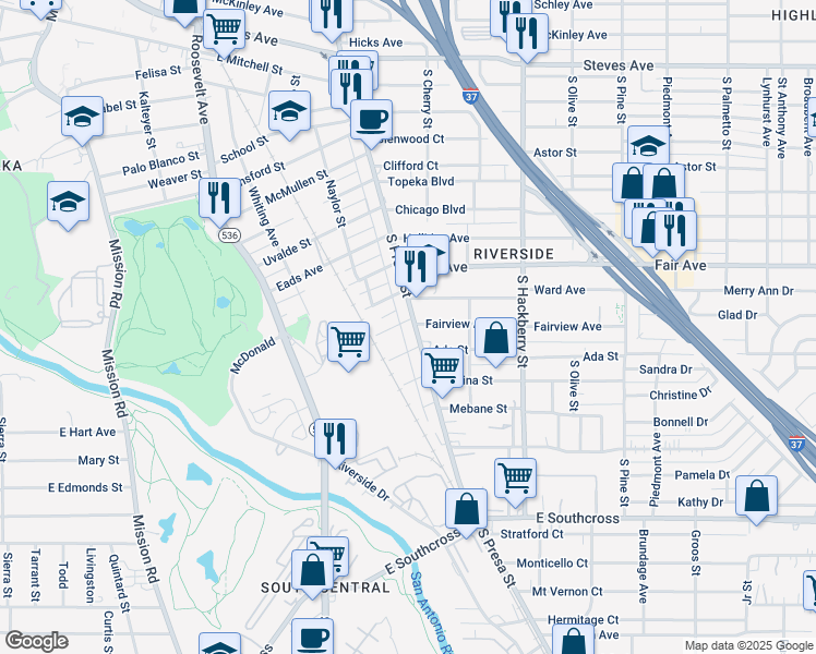 map of restaurants, bars, coffee shops, grocery stores, and more near 4201 South Presa Street in San Antonio