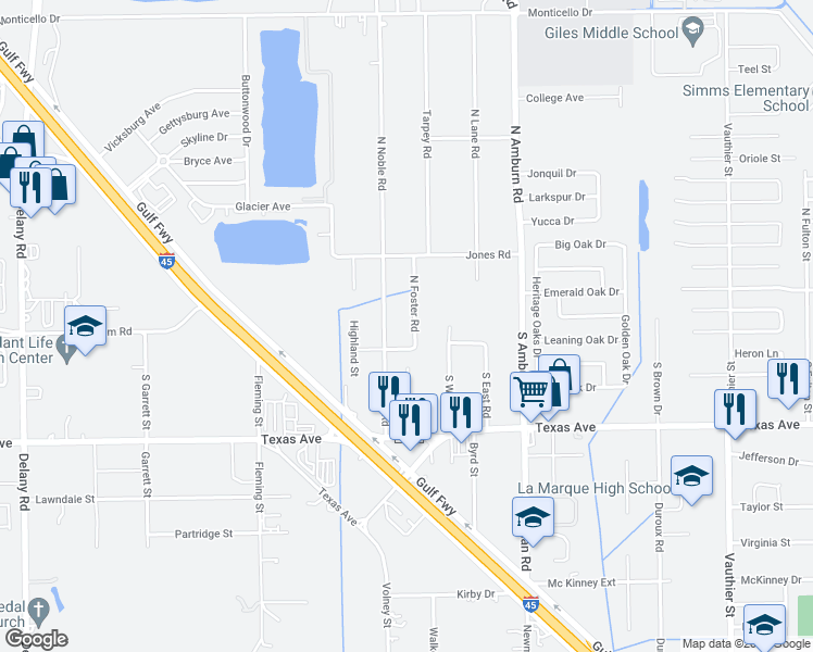 map of restaurants, bars, coffee shops, grocery stores, and more near 107 South Foster Road in Texas City