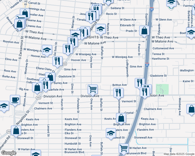 map of restaurants, bars, coffee shops, grocery stores, and more near 802 Gladstone Avenue in San Antonio