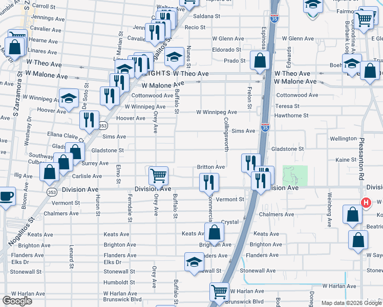 map of restaurants, bars, coffee shops, grocery stores, and more near 728 Gladstone in San Antonio
