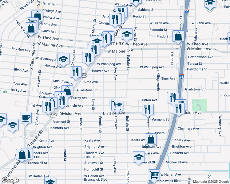 map of restaurants, bars, coffee shops, grocery stores, and more near 2 Orey Avenue in San Antonio