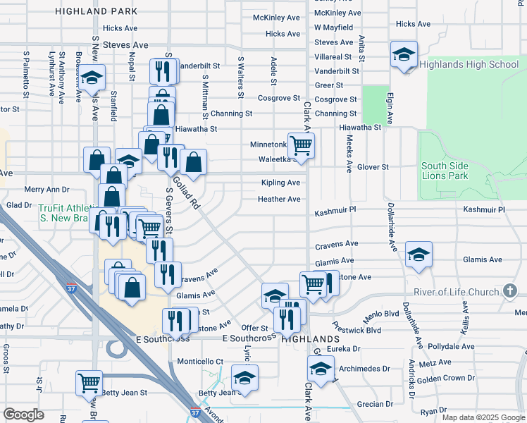 map of restaurants, bars, coffee shops, grocery stores, and more near 135 Kashmuir Place in San Antonio