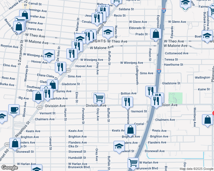 map of restaurants, bars, coffee shops, grocery stores, and more near 802 Gladstone Avenue in San Antonio