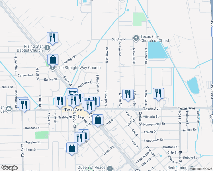 map of restaurants, bars, coffee shops, grocery stores, and more near 120 South Willow Street in Texas City
