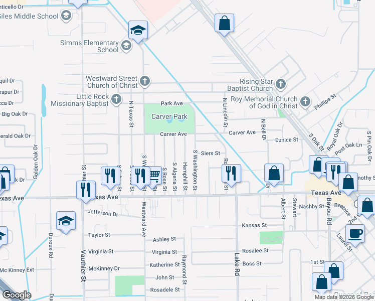 map of restaurants, bars, coffee shops, grocery stores, and more near 201 Hemphill Street in Texas City