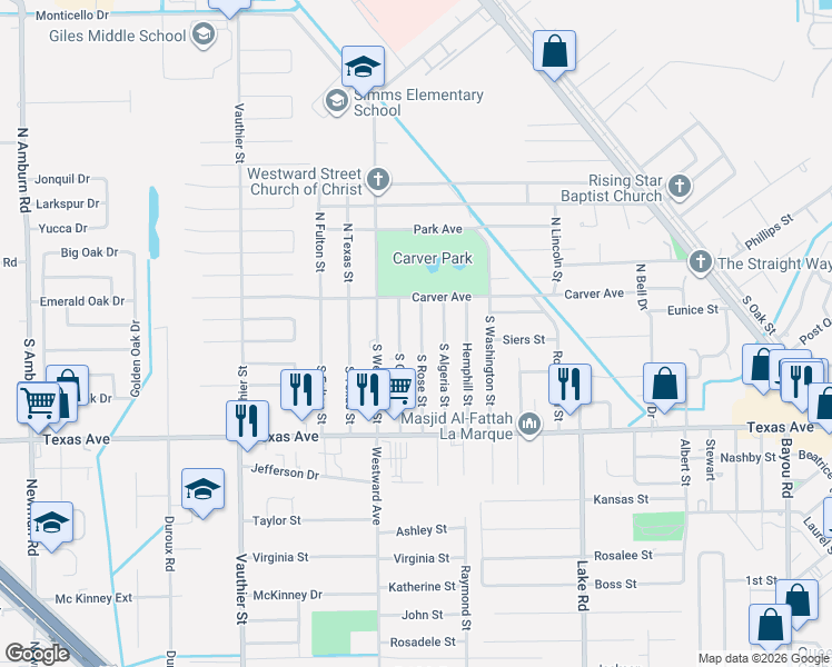 map of restaurants, bars, coffee shops, grocery stores, and more near 121 South Rose Street in Texas City