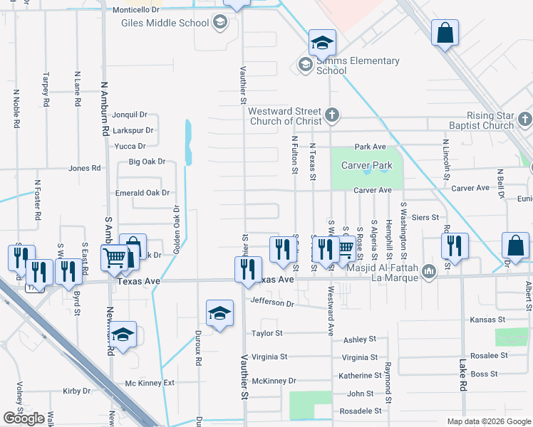 map of restaurants, bars, coffee shops, grocery stores, and more near 7306 Hummingbird Lane in Texas City