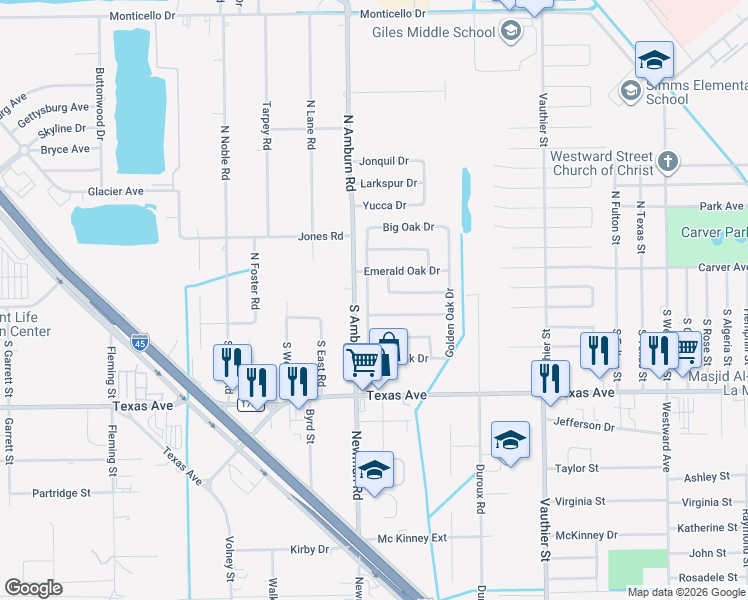 map of restaurants, bars, coffee shops, grocery stores, and more near 121 Heritage Oaks Drive in Texas City