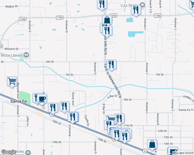 map of restaurants, bars, coffee shops, grocery stores, and more near 4106 Avenue O in Santa Fe