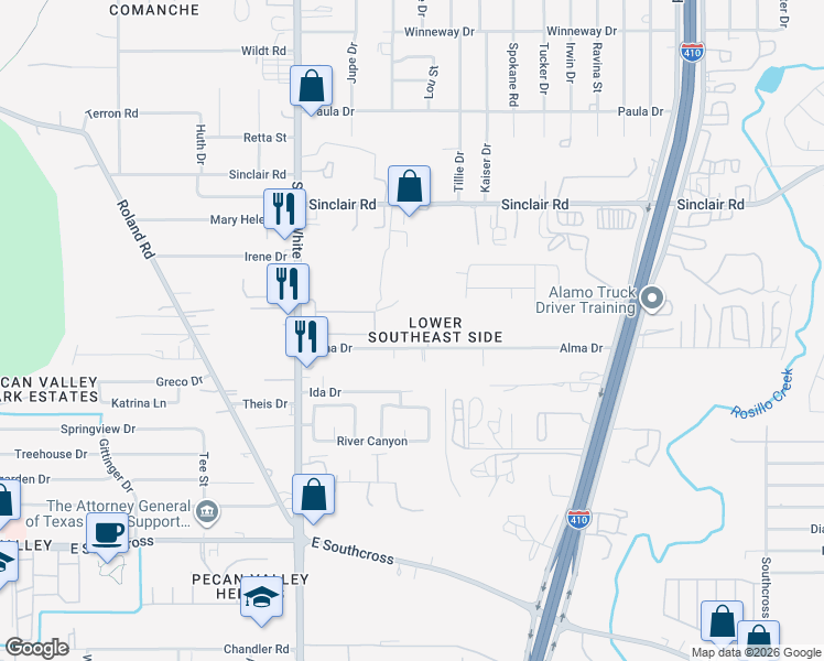 map of restaurants, bars, coffee shops, grocery stores, and more near 4710 Alma Drive in San Antonio