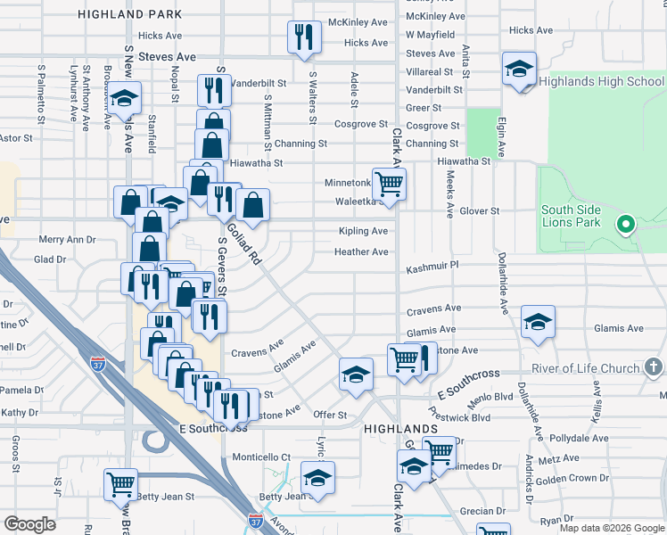 map of restaurants, bars, coffee shops, grocery stores, and more near 135 Kashmuir Place in San Antonio