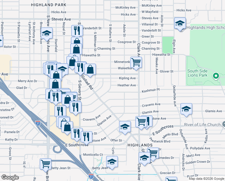 map of restaurants, bars, coffee shops, grocery stores, and more near 107 Kashmuir Place in San Antonio
