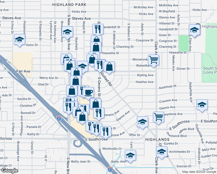 map of restaurants, bars, coffee shops, grocery stores, and more near 3810 South Mittman Street in San Antonio