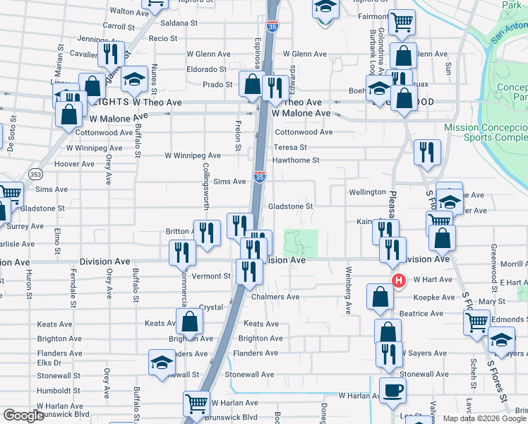 map of restaurants, bars, coffee shops, grocery stores, and more near 410 Gladstone Street in San Antonio