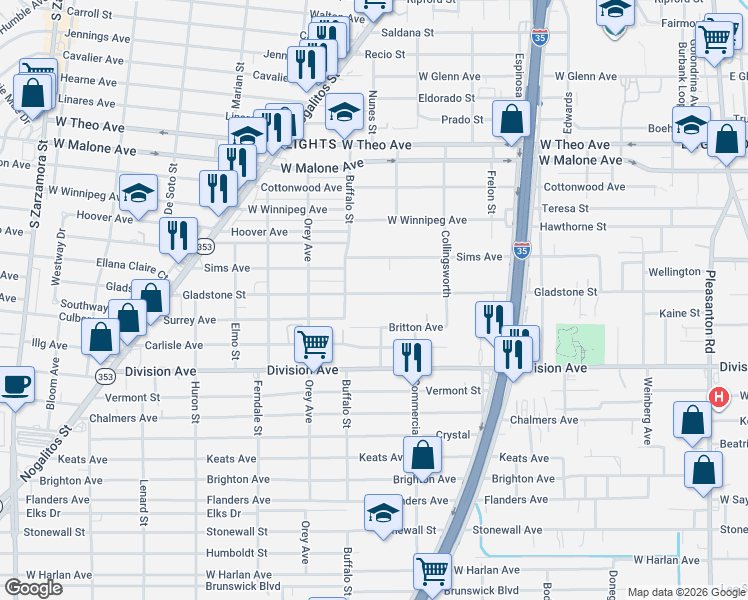 map of restaurants, bars, coffee shops, grocery stores, and more near 728 Gladstone Avenue in San Antonio